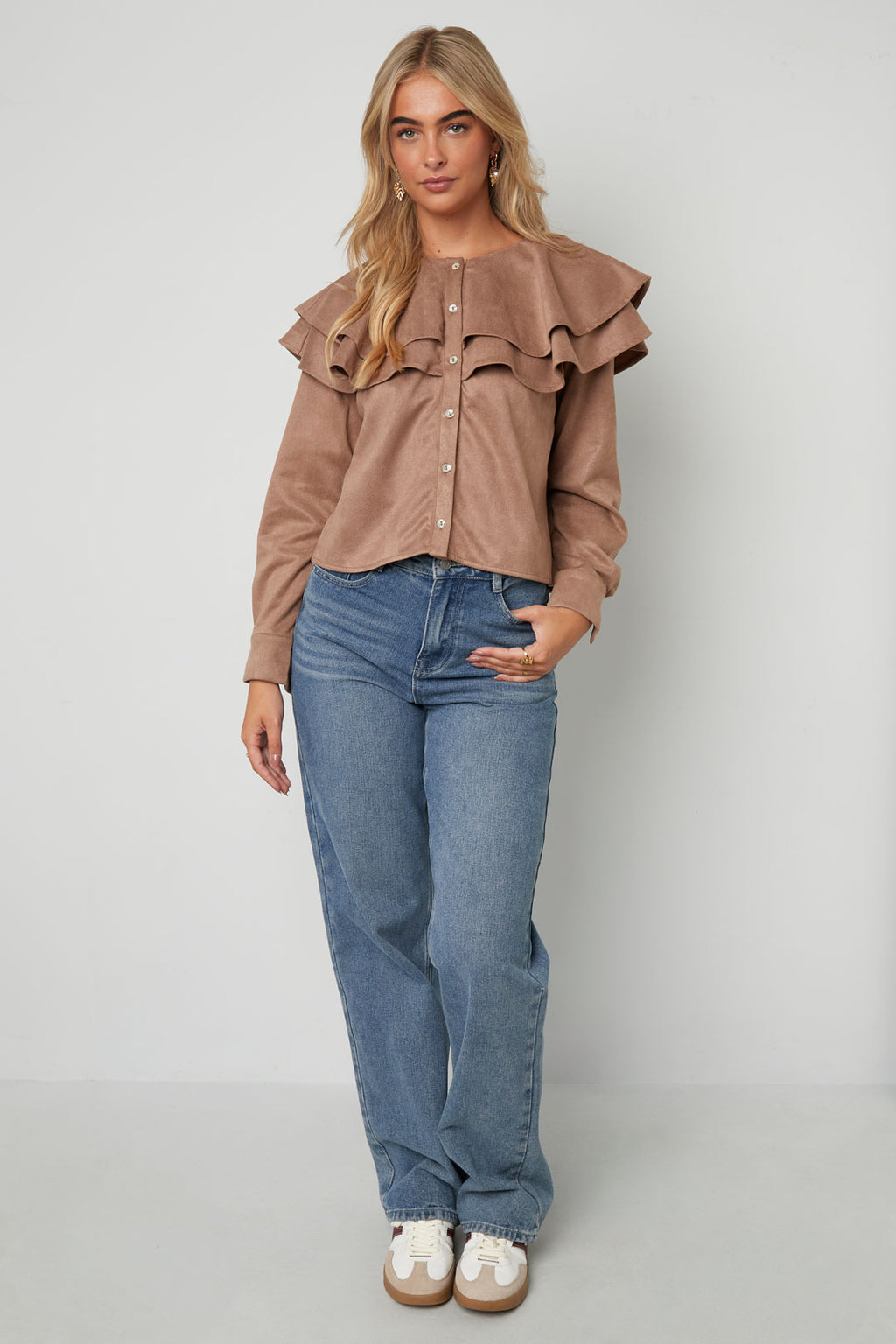 Woven Polyester Fiber Women's Blouse Elegant Ruffle Trim