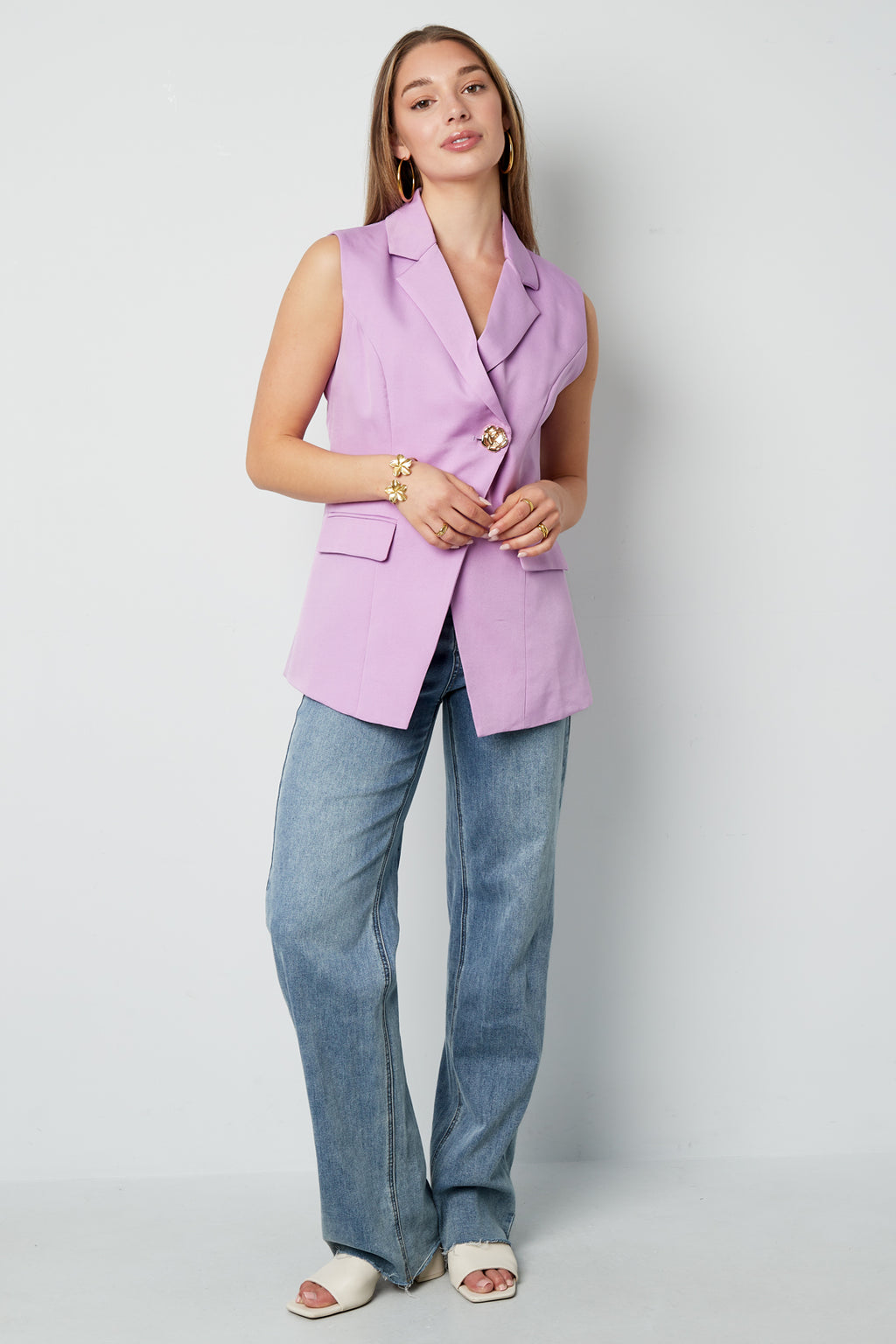 Woven Polyester Fiber Women's Sleeveless Blazer Casual Asymmetric Design