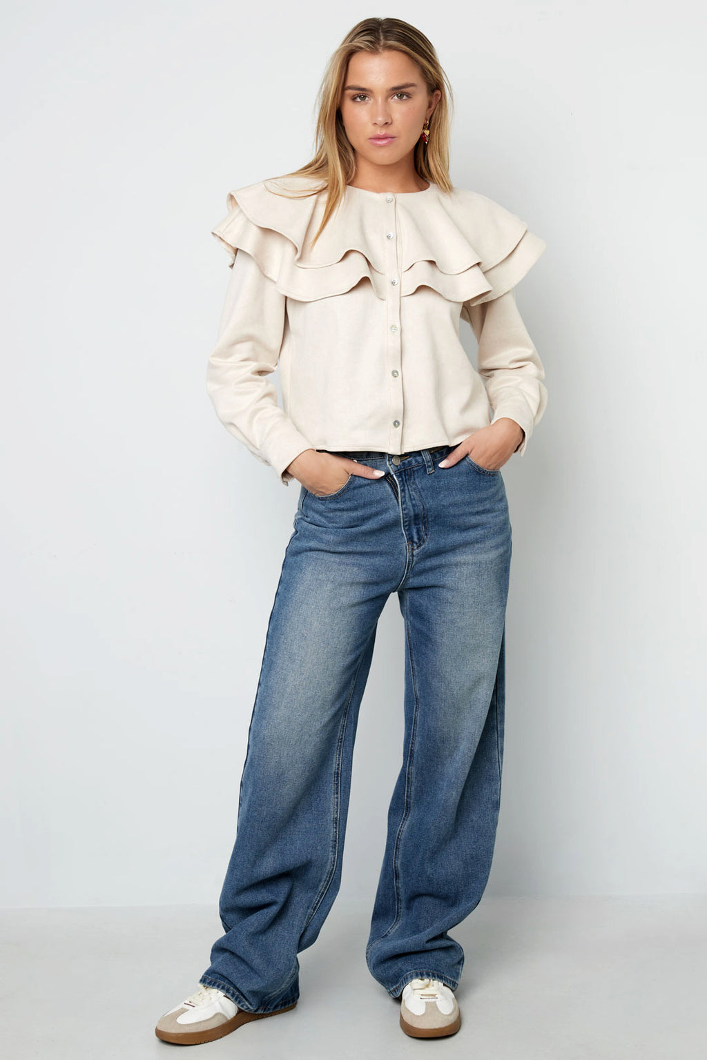 Woven Polyester Fiber Women's Blouse Elegant Ruffle Trim
