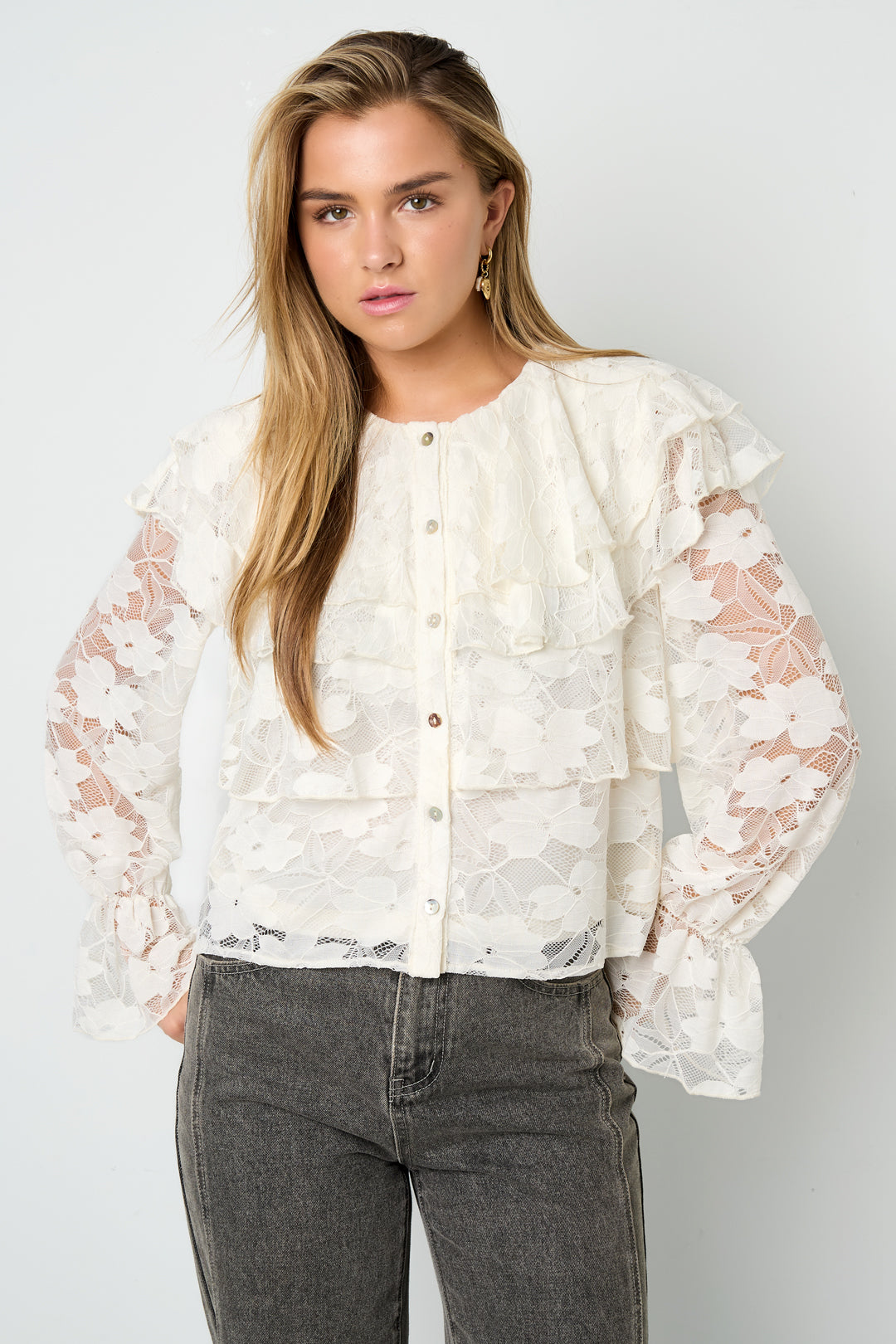 Damesblouse van geweven polyestervezel Elegant bloemenprint met kanten paneel